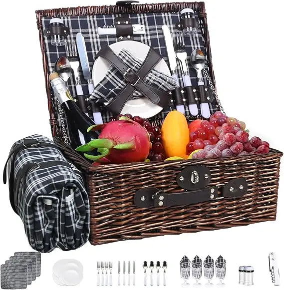 Wicker Picnic Basket for 4 with Insulated Cooler & Waterproof Blanket – Large Willow Picnic Hamper for Outdoor, Camping, Beach,