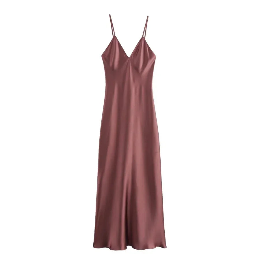 ETJ 2025 Spring New TRAF Elegant women's fashion silk satin texture MIDI dress sexy backless party slip dress