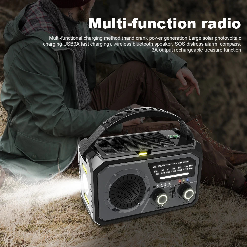 16000mAh AM/FM/WB NOAA Emergency Weather Radio Hand Crank/Solar/Type-C Charging LED Flashlight Reading Lamp Power Bank