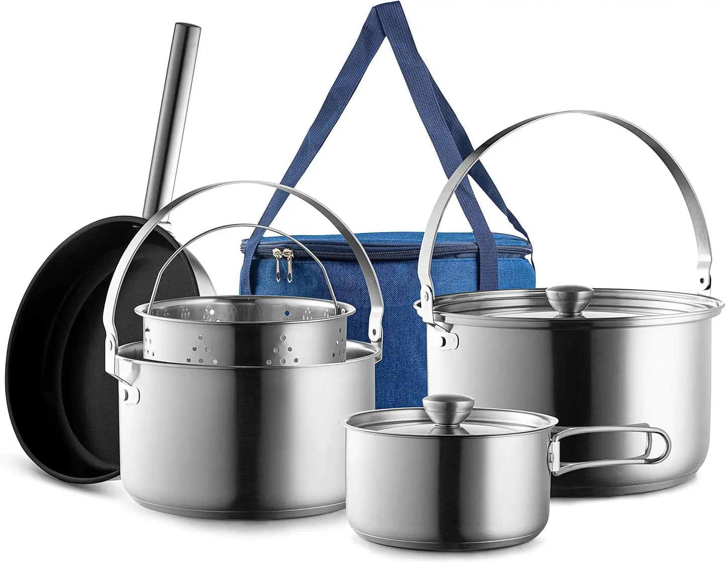 Camping Cookware 304 stainless steel 8-piece pot and pan Cooking kit | Skillet steamer with travel tote bag