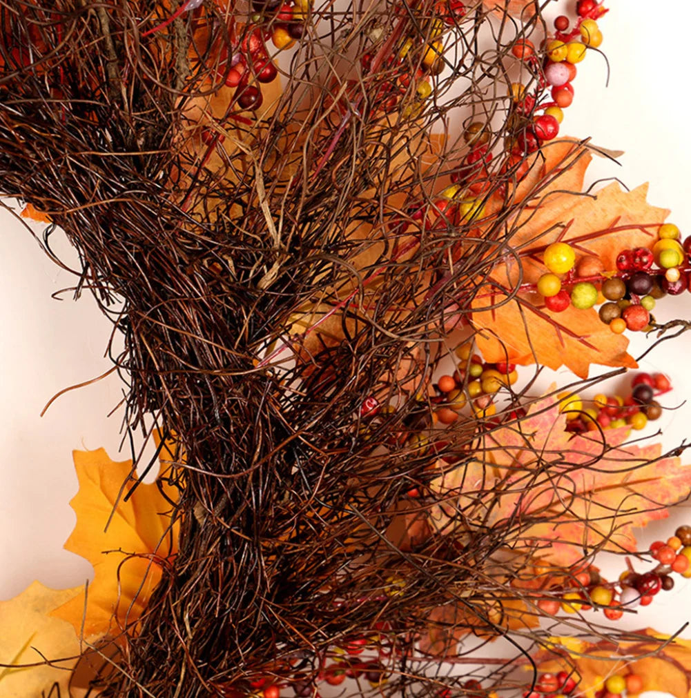 1Pc Xmas Thanksgiving Day Artificial Berries Maple Leaf Garland Realistic Unfading Foam, Rattan Wreath Hanging Decor