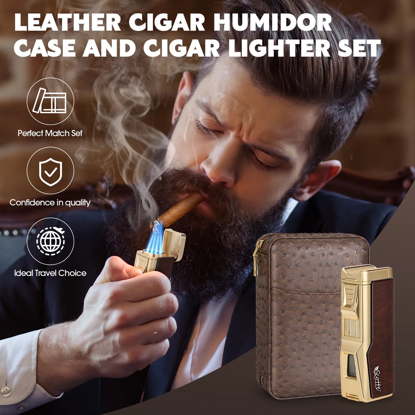 Portable Travel Cigar Humidor,Cedar Wood Lined Leather Case Built in Hygrometer & Humidifier,Cigar Lighter with Holder Punch