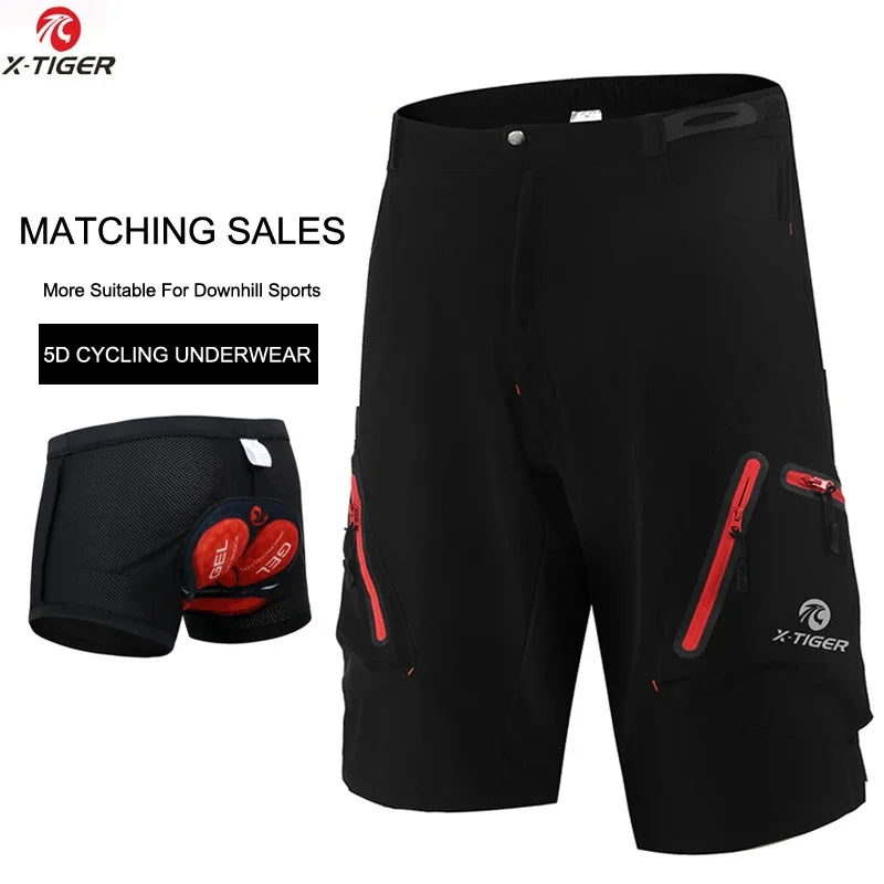 X-Tiger Men's Cycling Shorts With 5D Gel Pad Cycling Underwear Mountain Bike Downhill Shorts Loose Outdoor MTB Bicycle Shorts