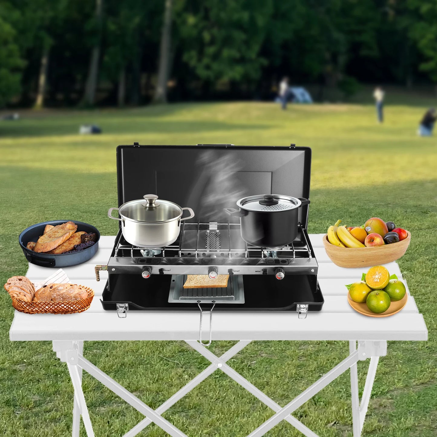 Portable Camping Stove Gas Powerful 3 Separate Burner Windshield for Tourist Picnic BBQ Outdoor Cassette Lightweight, Black