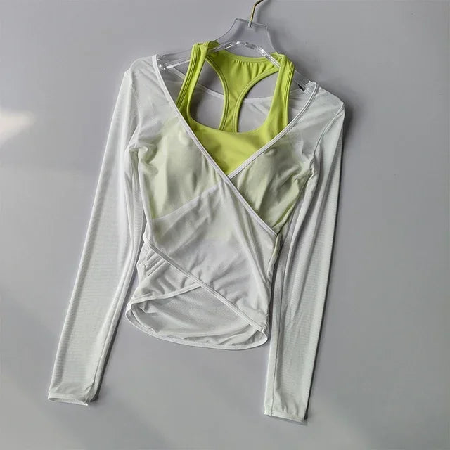 Sexy Mesh Slimming Yoga Suit for Women, Gathering Together, Sports Bra, Two Pieces, Quick Dry Training, Pilates Cover Up Blouse