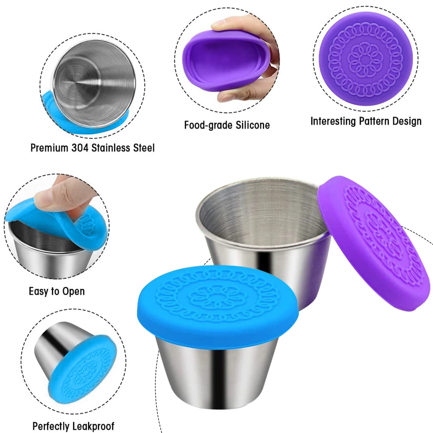 Salad Dressing Cups Sauce Container Reusable Leakproof 304 Stainless Steel Condiment Containers With Silicone Lids