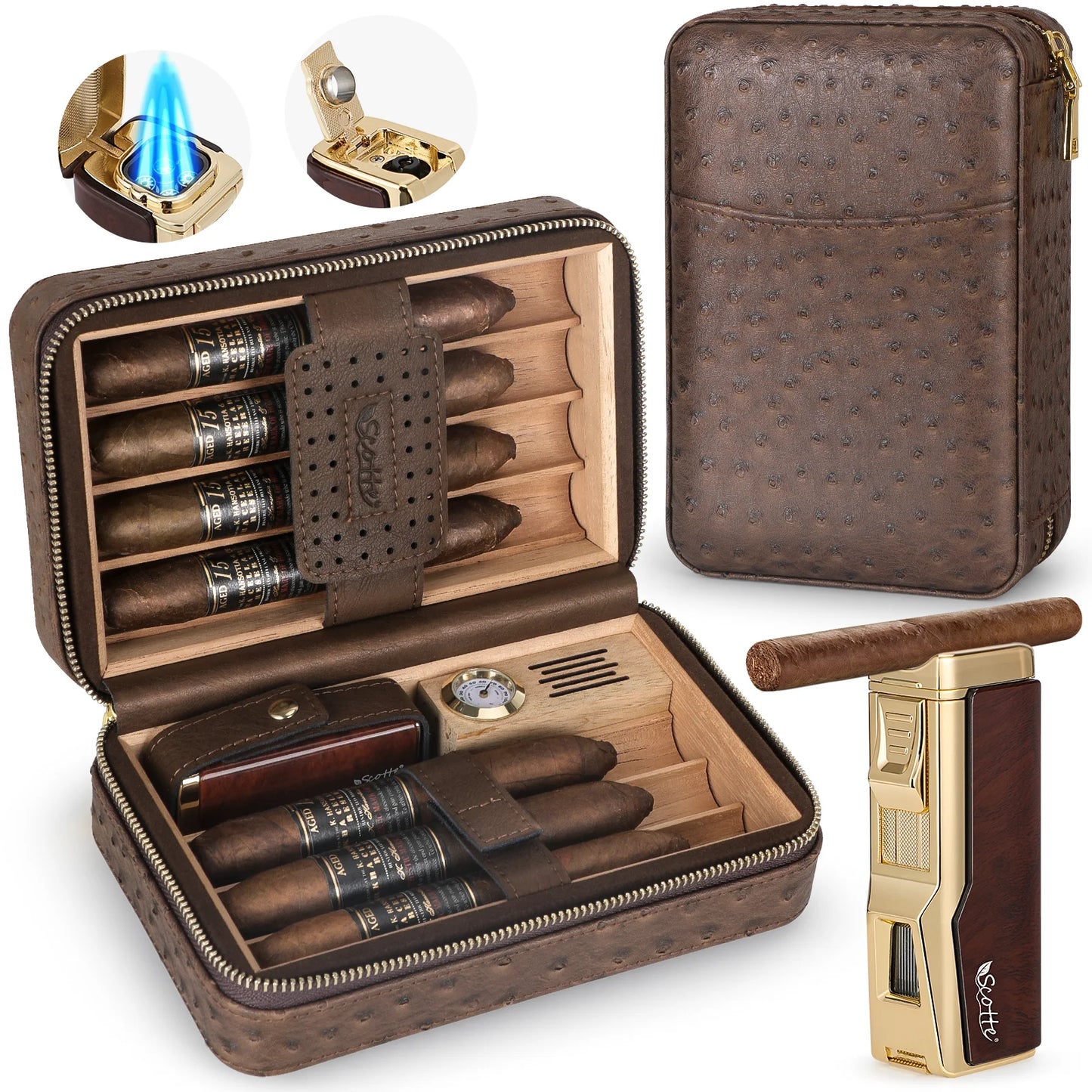 Portable Travel Cigar Humidor,Cedar Wood Lined Leather Case Built in Hygrometer & Humidifier,Cigar Lighter with Holder Punch
