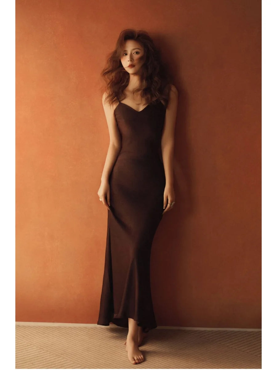 ETJ 2025 Spring New TRAF Elegant women's fashion silk satin texture MIDI dress sexy backless party slip dress