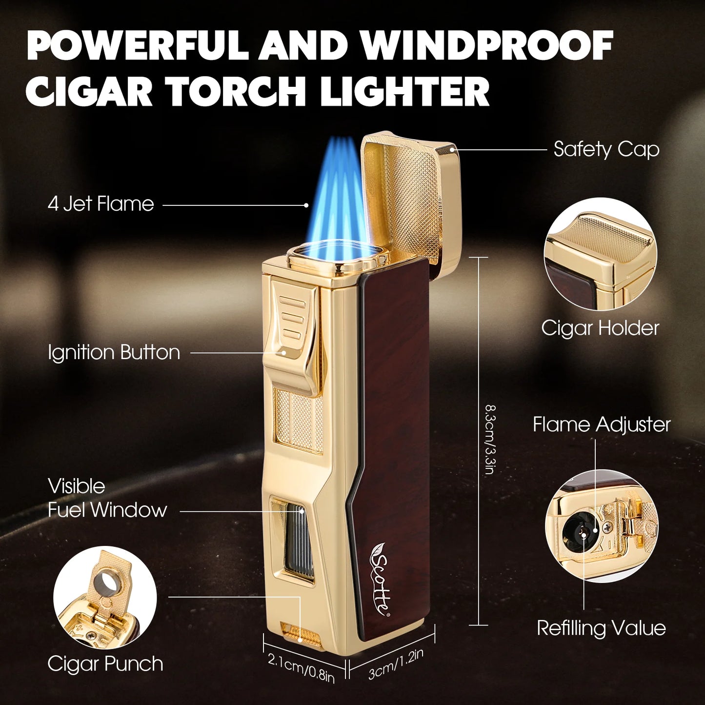 Portable Travel Cigar Humidor,Cedar Wood Lined Leather Case Built in Hygrometer & Humidifier,Cigar Lighter with Holder Punch