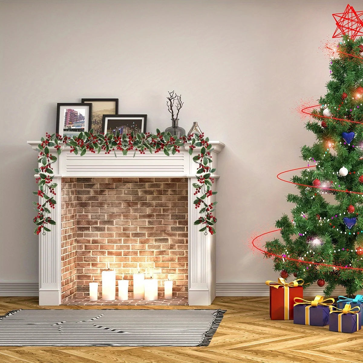 2 Pack Christmas Garlands, 5.74ft Red Berries & Holly Leaves Garland, Artificial Garland for Indoor Outdoor Fireplace