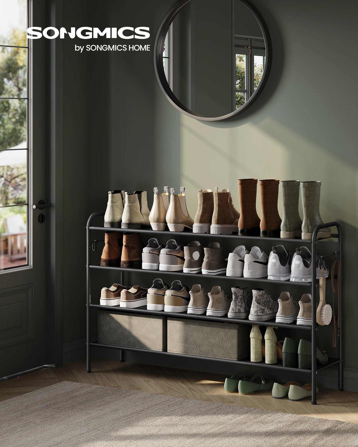 SONGMICSHOME 4-Tier Fabric Shoe Organizer Rack with Hooks Holds up to 24 Pairs of Shoes Entryway Storage Solution