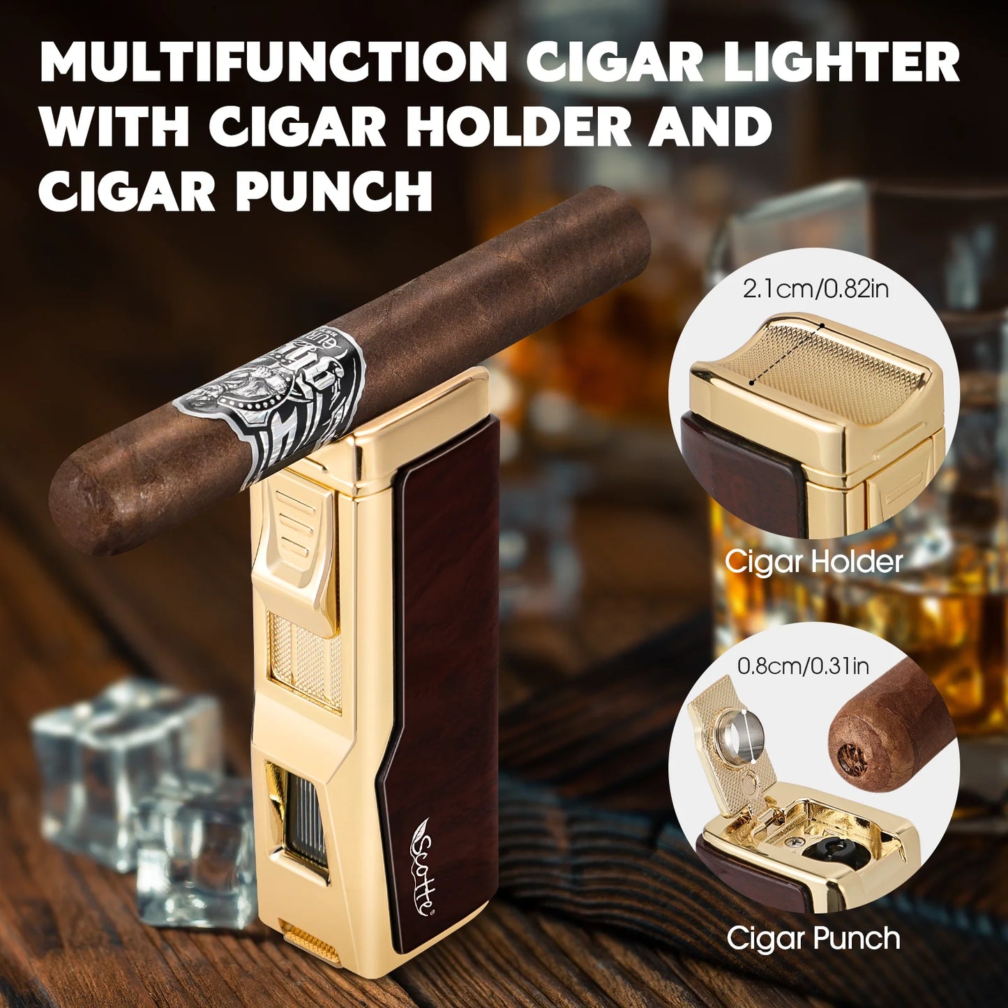 Portable Travel Cigar Humidor,Cedar Wood Lined Leather Case Built in Hygrometer & Humidifier,Cigar Lighter with Holder Punch