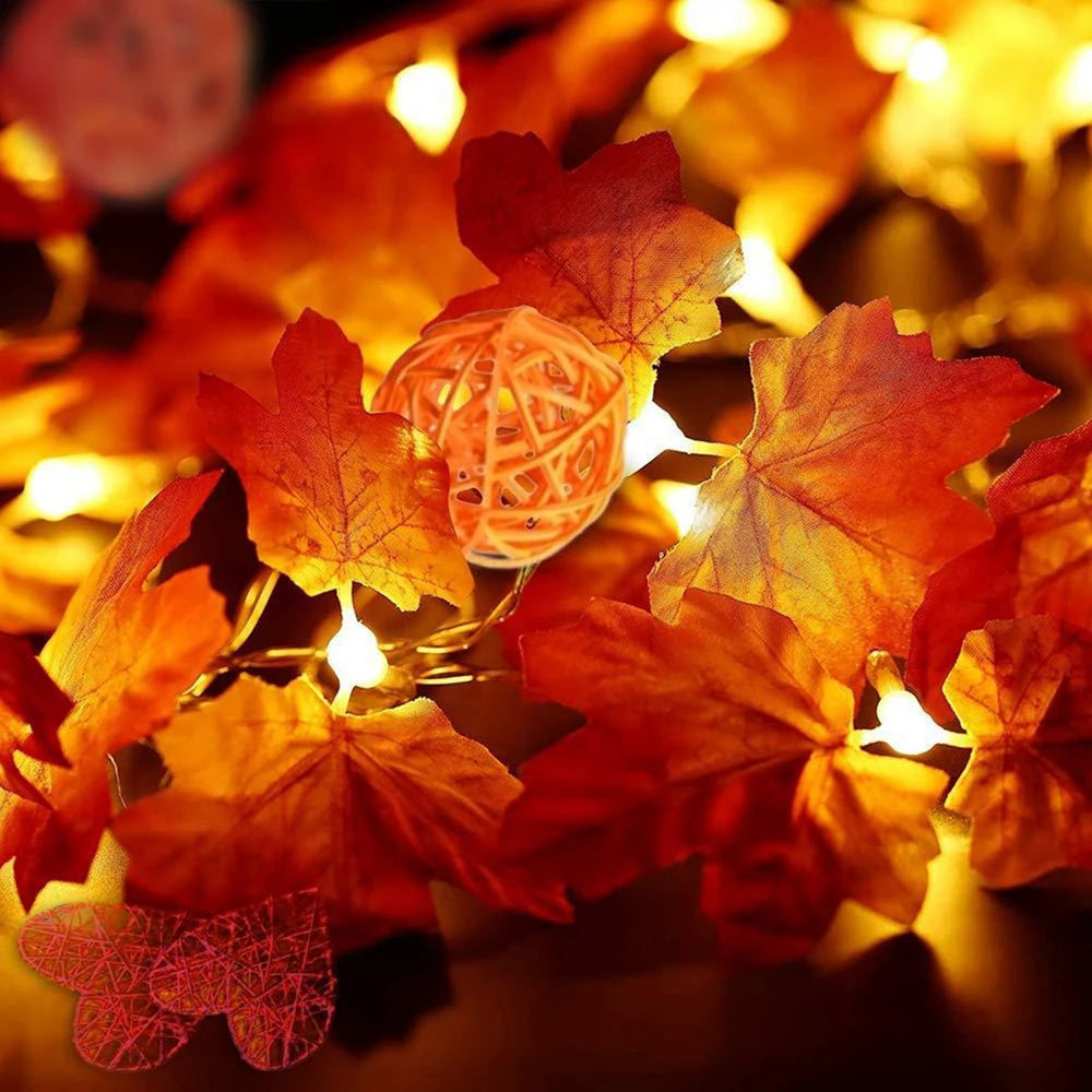Maple Leaf Led Lights String Outdoor Home Fence Holiday Thanksgiving Easter Halloween Garden Decoration Flower Rattan Pendants