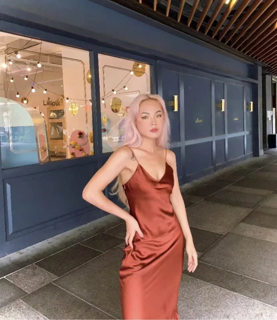 ETJ 2025 Spring New TRAF Elegant women's fashion silk satin texture MIDI dress sexy backless party slip dress