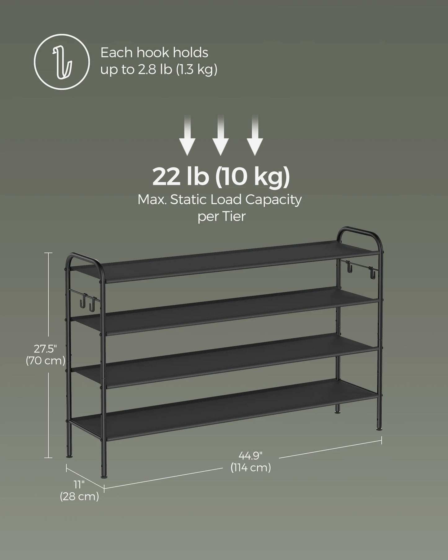 SONGMICSHOME 4-Tier Fabric Shoe Organizer Rack with Hooks Holds up to 24 Pairs of Shoes Entryway Storage Solution