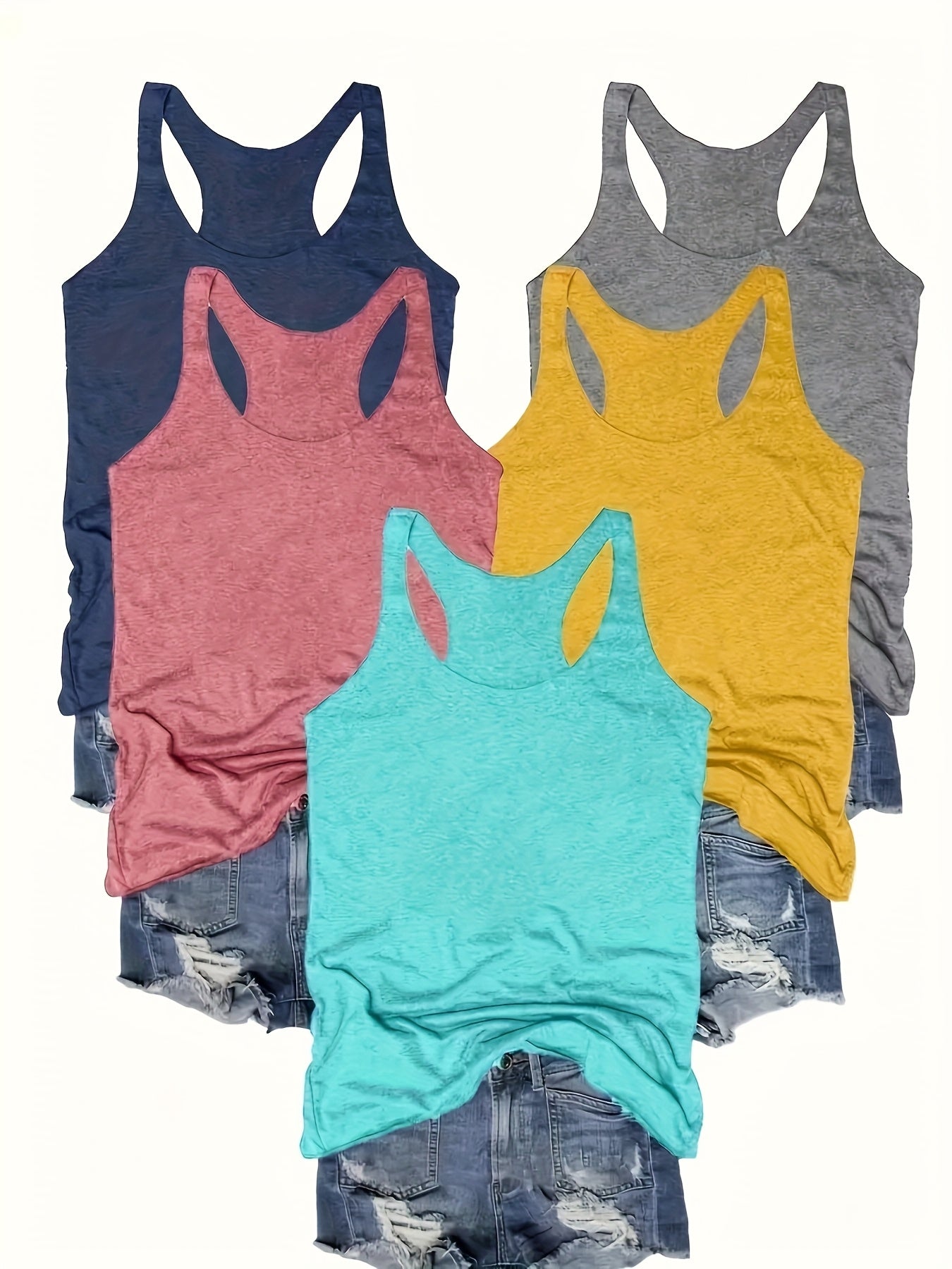 SINHOON 5pcs Sleeveless Tank Tops - Comfortable Round Neck Casual Tops for Spring & Summer - Versatile Clothing | Sleeveless Tops | Stretchy Fabric, Summer Tank Tops