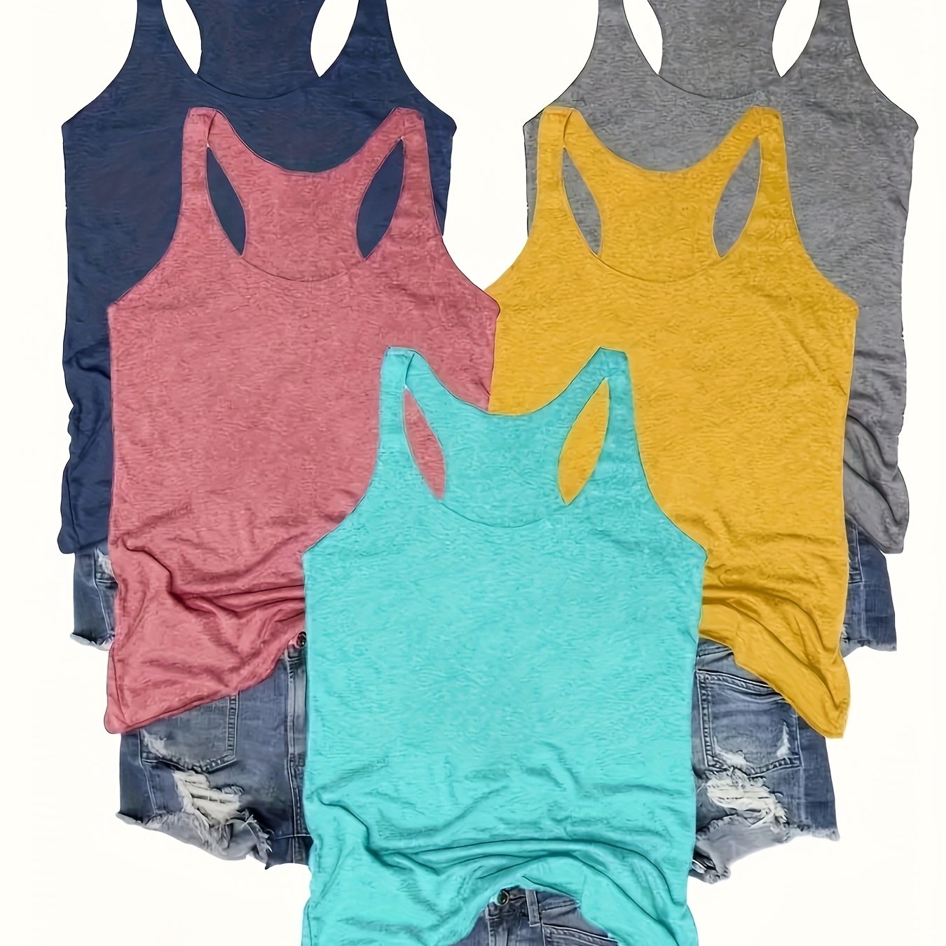SINHOON 5pcs Sleeveless Tank Tops - Comfortable Round Neck Casual Tops for Spring & Summer - Versatile Clothing | Sleeveless Tops | Stretchy Fabric, Summer Tank Tops