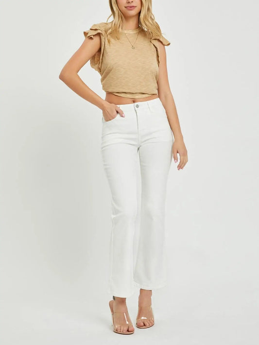 Women's Casual Jans Essential Tummy Control High-Waisted Bootcut Cropped Denim Pants Blue Slate Relaxed Fit Button and Zipper
