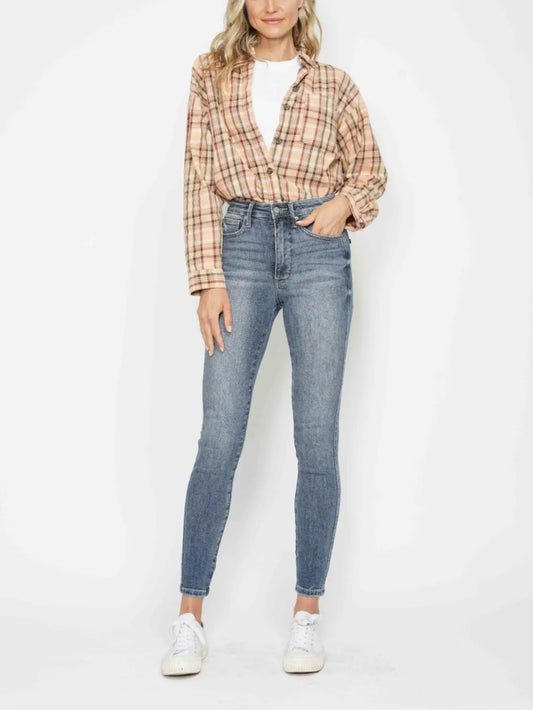 Women’s Casual Jeans Vintage Straight High-Waisted Tummy Control Jeans Washed Dark Blue Denim with Full Length