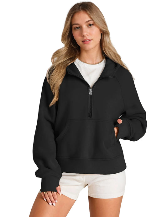 Chic Half Zip Short Hoodie, Solid Color Pocket Front Design Long Sleeves Short Pullover Top, Woman Clothes