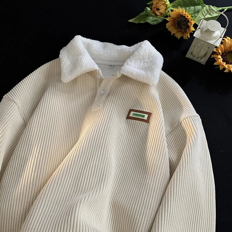 2024 Corduroy Polo Collar Sweater - Thickened Lambwool Pullover for Couples - Loose and Comfortable Casual Wear for Autumn and W