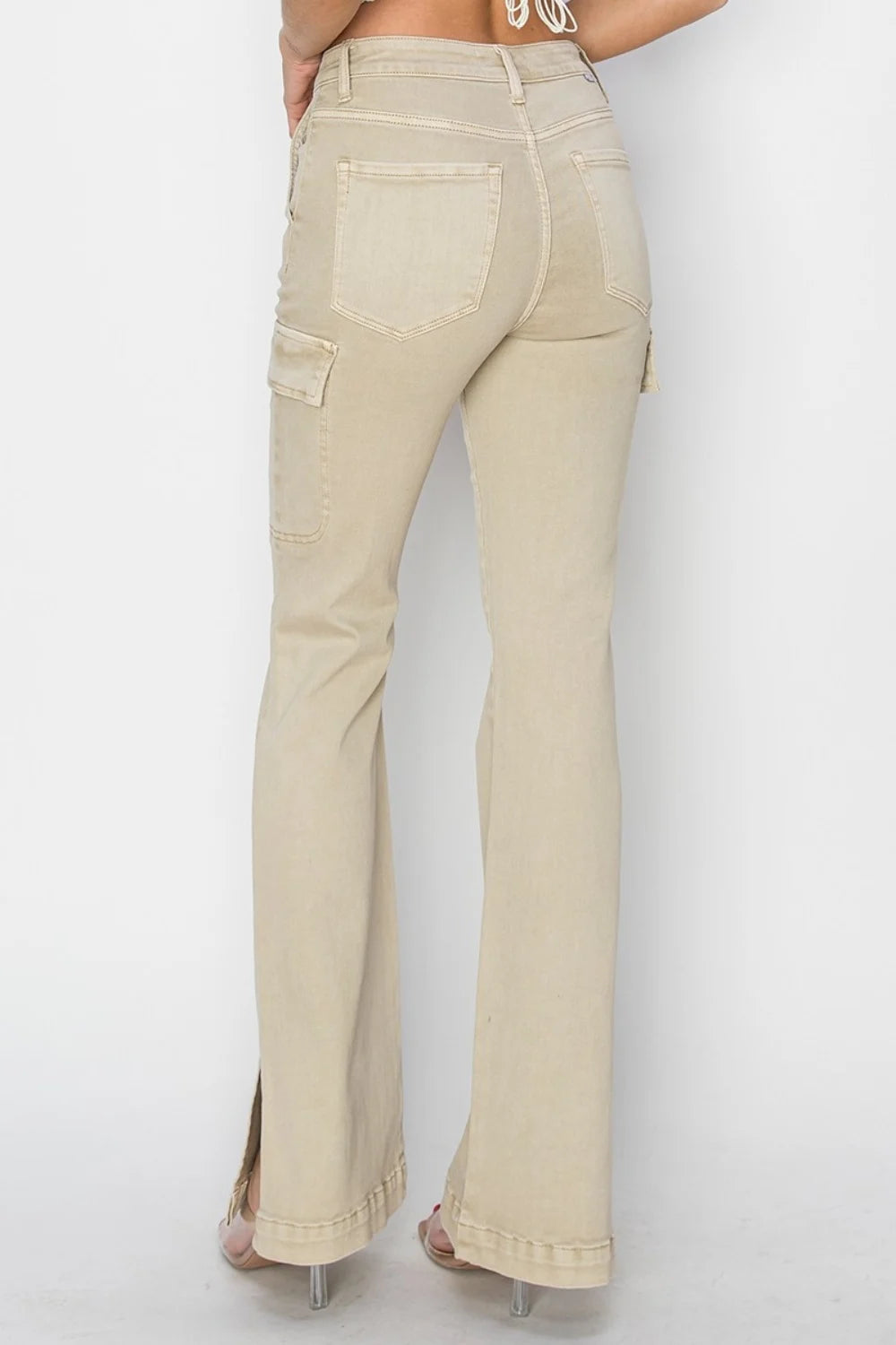 Women’s Casual Cargo Jeans Chic High-Waisted Side Slit Beige Cargo Boot Cut Denim Pants  Utility Pockets, Stretch Denim Casual