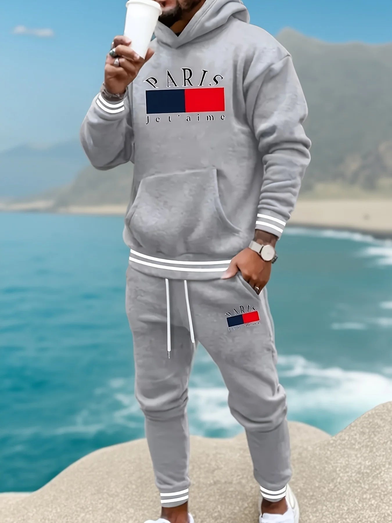 2SetPARISPrinted Men's Spring and Autumn Sports Suit，Men's Hooded Sweatshirt with Kangaroo Pocket and Drawstring Sweatpants Set