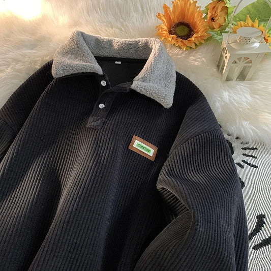 2024 Corduroy Polo Collar Sweater - Thickened Lambwool Pullover for Couples - Loose and Comfortable Casual Wear for Autumn and W