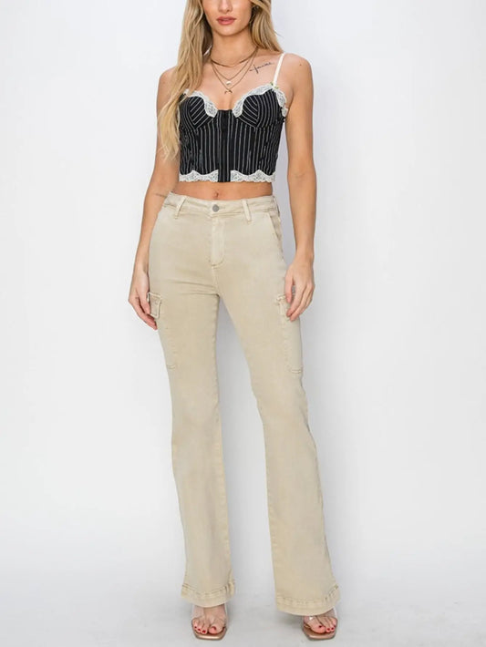 Women’s Casual Cargo Jeans Chic High-Waisted Side Slit Beige Cargo Boot Cut Denim Pants  Utility Pockets, Stretch Denim Casual