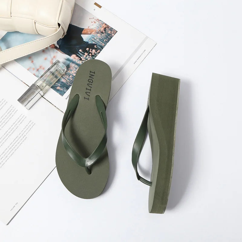 Women Flip Flops Wedges Casual Shinny Beach 3.5 Cm Height PVC Solid Summer Outside Slippers Soft Shoes