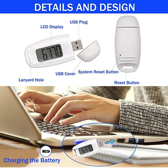 Accurate Fitness Tracker USB Charge Walking 3D Pedometer with Clip and Lanyard for Step Fitness Camping Hiking Sports