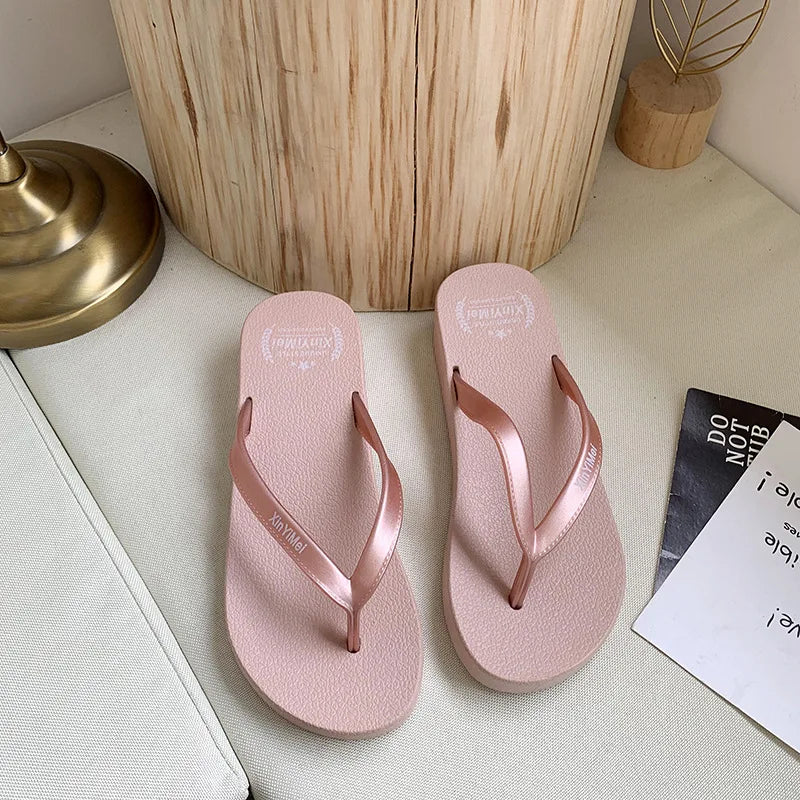 Women Flip Flops Wedges Casual Shinny Beach 3.5 Cm Height PVC Solid Summer Outside Slippers Soft Shoes