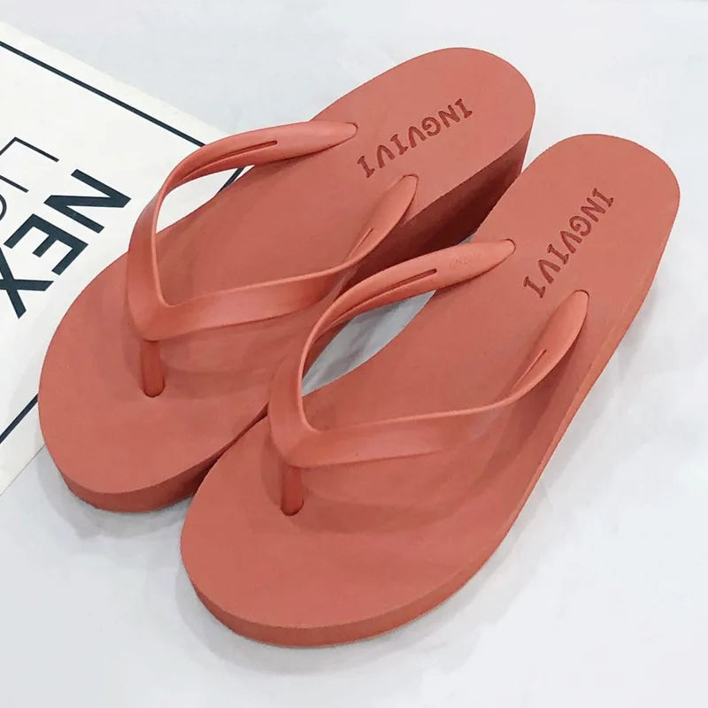 Women Flip Flops Wedges Casual Shinny Beach 3.5 Cm Height PVC Solid Summer Outside Slippers Soft Shoes
