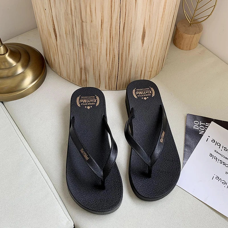 Women Flip Flops Wedges Casual Shinny Beach 3.5 Cm Height PVC Solid Summer Outside Slippers Soft Shoes
