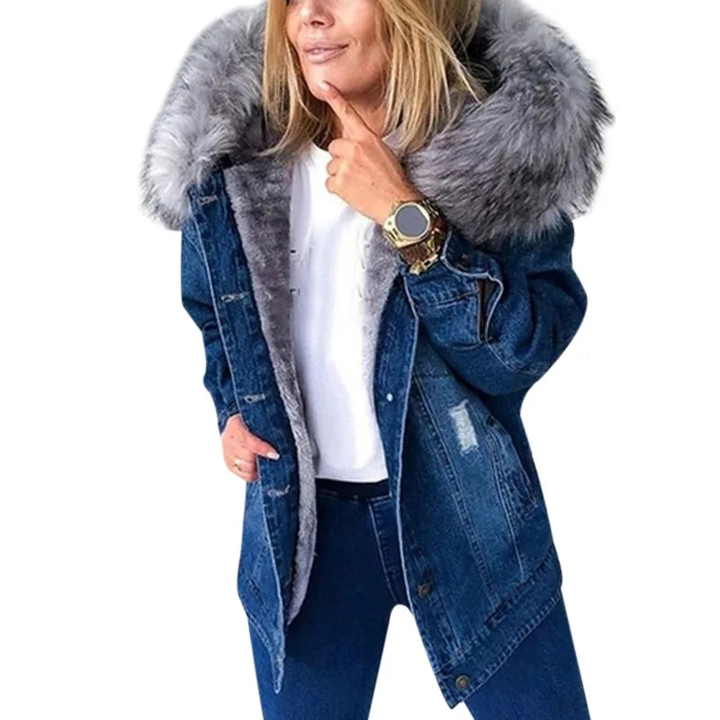 2026 Women Winter Denim Jackets Coat Fashion Plush Collar Warm Retro Fleece Lined Coat Women Chaquetas De Mezclilla Para Mujer
