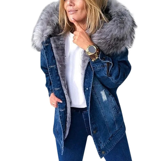 2026 Women Winter Denim Jackets Coat Fashion Plush Collar Warm Retro Fleece Lined Coat Women Chaquetas De Mezclilla Para Mujer