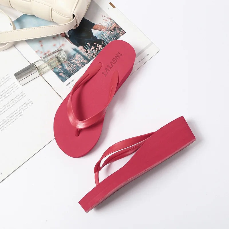 Women Flip Flops Wedges Casual Shinny Beach 3.5 Cm Height PVC Solid Summer Outside Slippers Soft Shoes