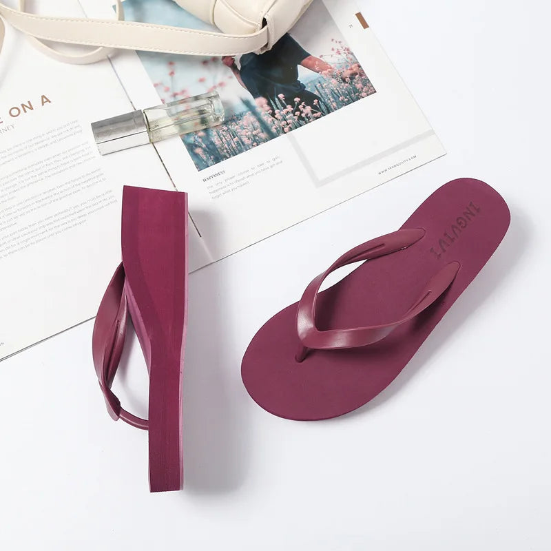 Women Flip Flops Wedges Casual Shinny Beach 3.5 Cm Height PVC Solid Summer Outside Slippers Soft Shoes