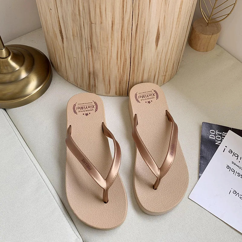 Women Flip Flops Wedges Casual Shinny Beach 3.5 Cm Height PVC Solid Summer Outside Slippers Soft Shoes