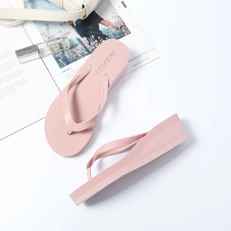 Women Flip Flops Wedges Casual Shinny Beach 3.5 Cm Height PVC Solid Summer Outside Slippers Soft Shoes