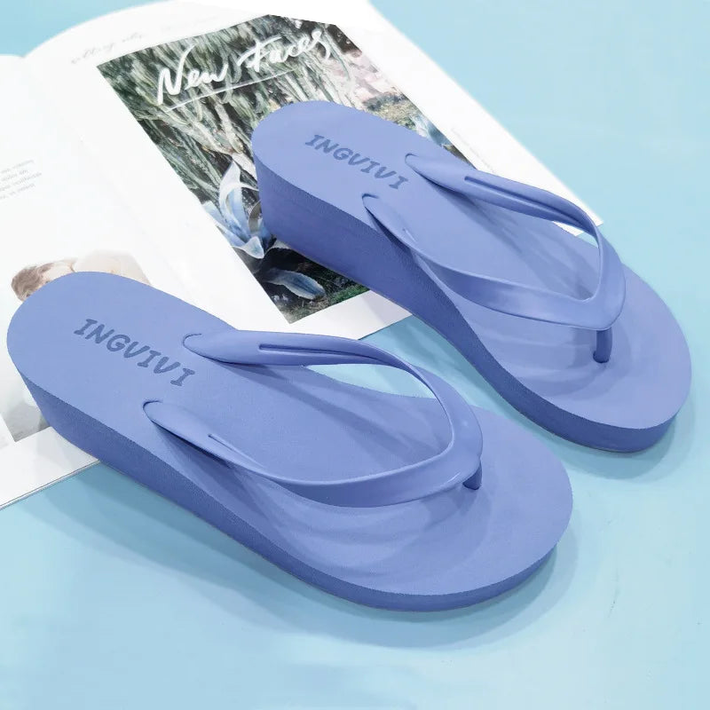 Women Flip Flops Wedges Casual Shinny Beach 3.5 Cm Height PVC Solid Summer Outside Slippers Soft Shoes