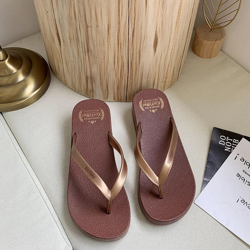 Women Flip Flops Wedges Casual Shinny Beach 3.5 Cm Height PVC Solid Summer Outside Slippers Soft Shoes