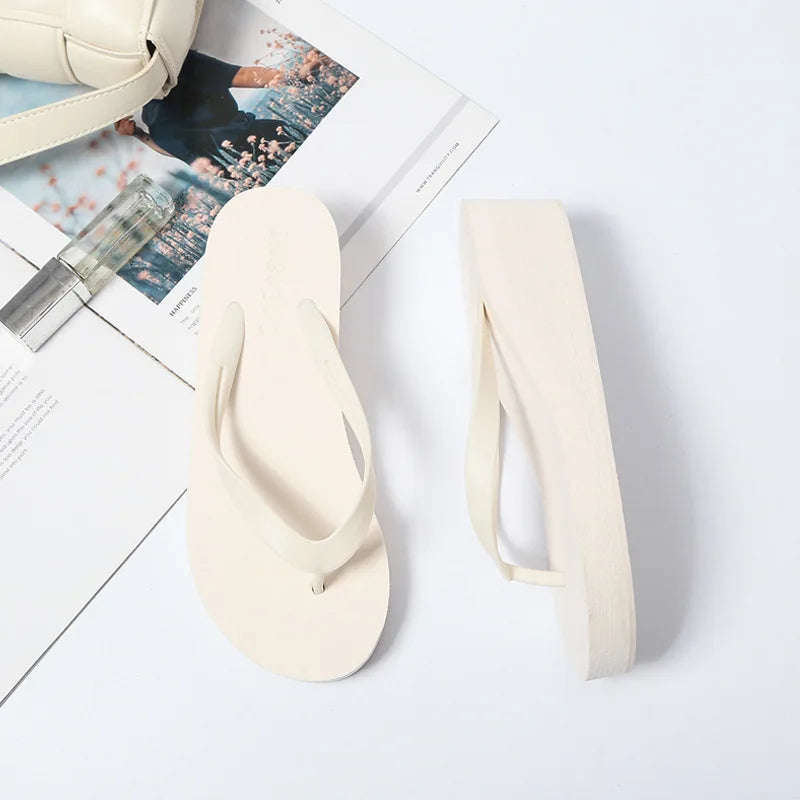 Women Flip Flops Wedges Casual Shinny Beach 3.5 Cm Height PVC Solid Summer Outside Slippers Soft Shoes