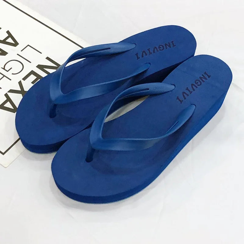 Women Flip Flops Wedges Casual Shinny Beach 3.5 Cm Height PVC Solid Summer Outside Slippers Soft Shoes