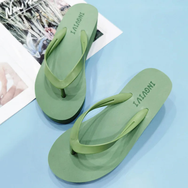 Women Flip Flops Wedges Casual Shinny Beach 3.5 Cm Height PVC Solid Summer Outside Slippers Soft Shoes