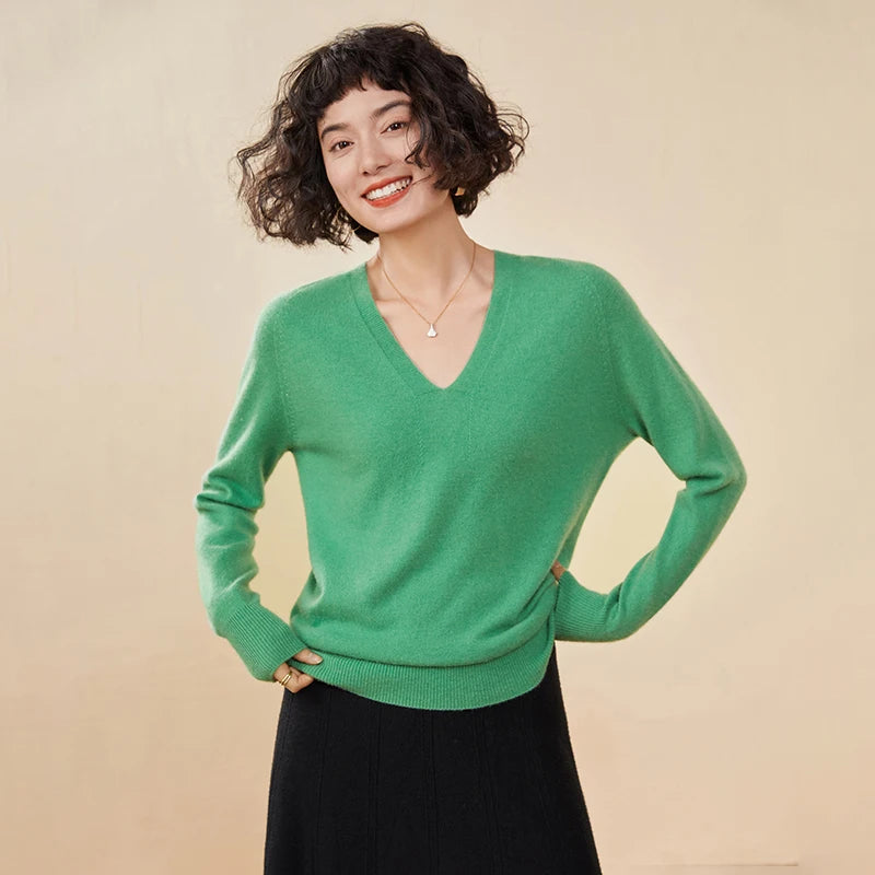Autumn And Winter New Women's Cashmere Sweater 100% Pure Cashmere V-neck Knitted Pullover Long Sleeved Hot Selling Women's Top