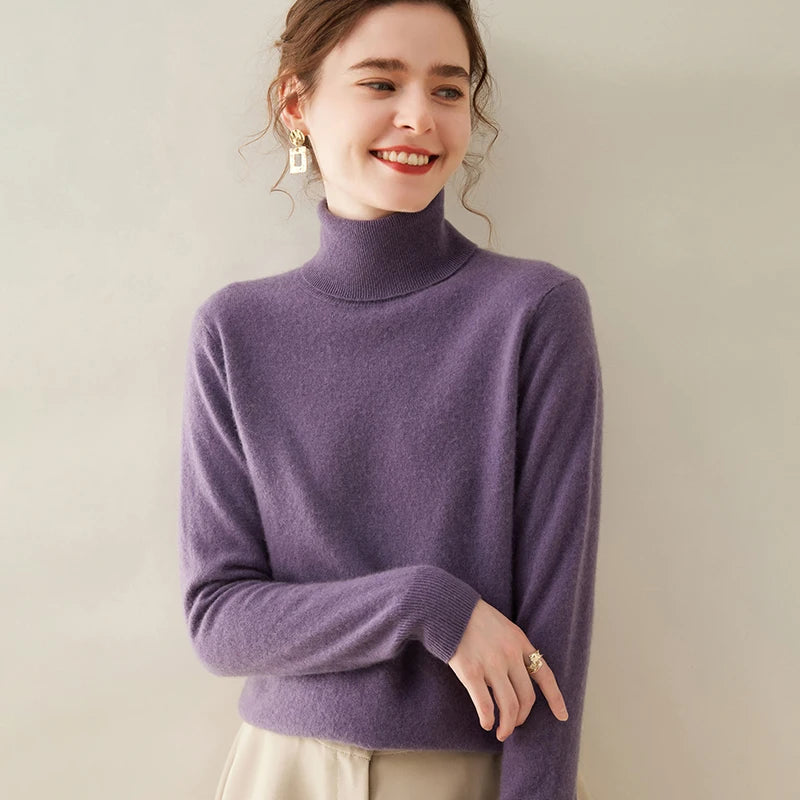 Cashmere Sweater Women's Turtleneck Long Sleeved Knitted Pullover 100% Pure Cashmere Base Sweater Korean Version Women's Top