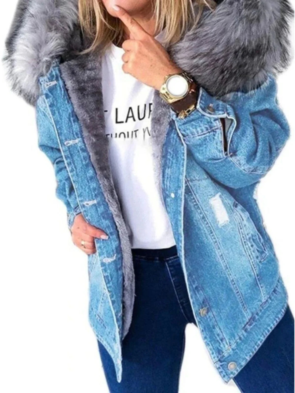 Warm Denim Jaet for Women Long Sve Hooded Street Sle Loose Fit Button Closure Pure Color Autumn Collection Coat