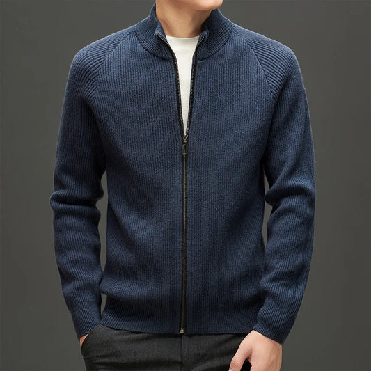 High Quality Mens 100% Wool Sweater Coating O-neck Long Sleeve Zipper Cardigan Winter Thick Smart Casual Wool Kniwear Tops