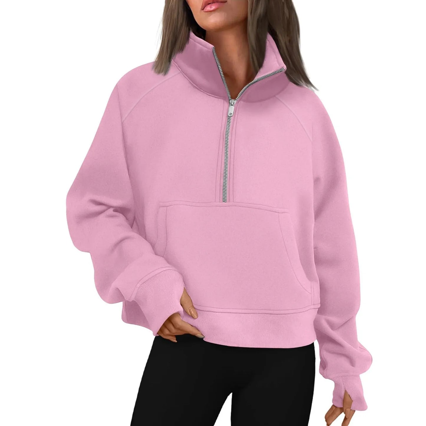 New Women's Hoodies Autumn Winter Stand Collar Plus Fleece Solid Color Sweatshirts Long Sleeve Pocket Loose Half Zip Pullover